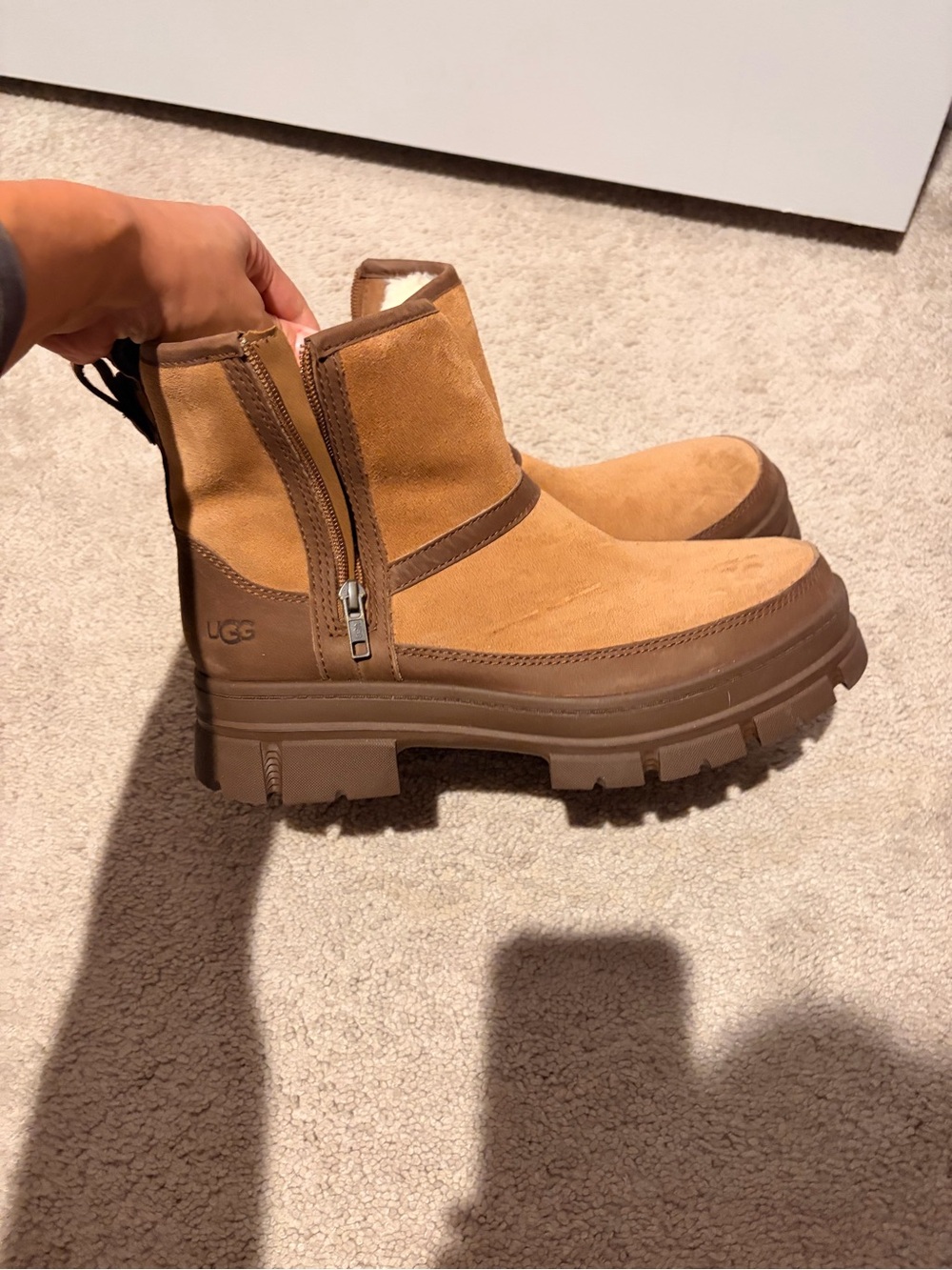 UGG Chestnut Suede Lug-Sole Ankle Booties with Side Zip